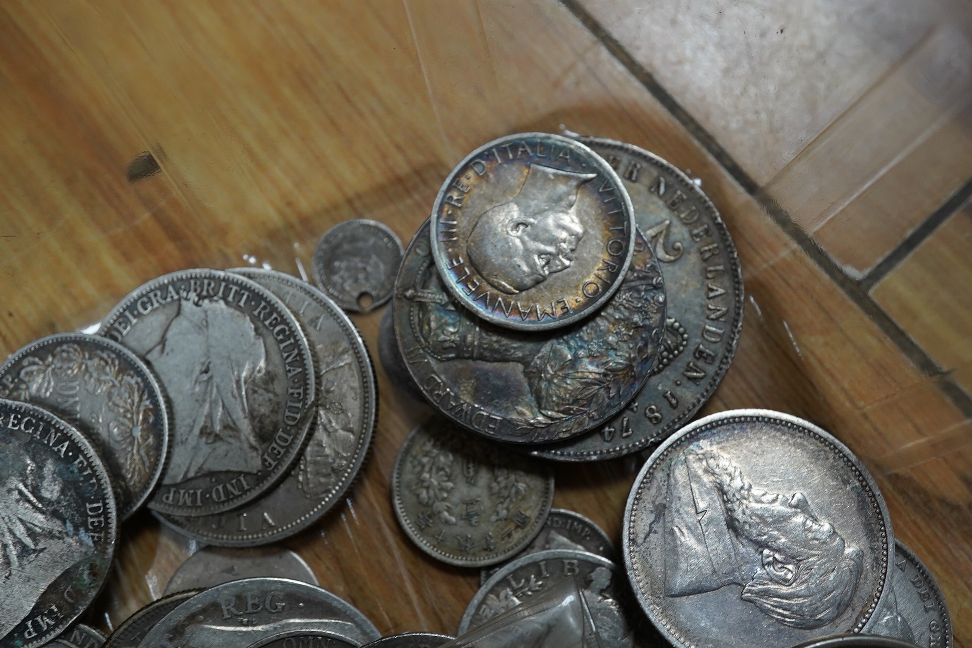 A quantity of British, Dutch, South Africa etc silver coins, 19th- early 20th century, to include a George V crown 1930, about EF etc.